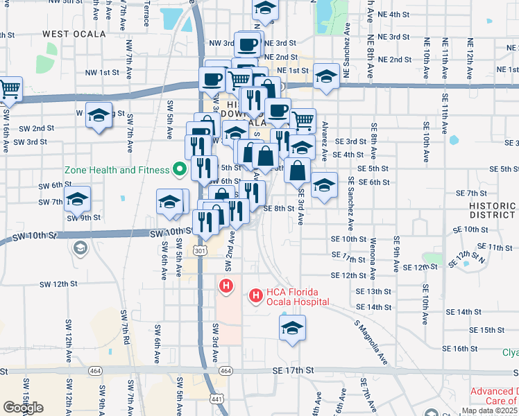map of restaurants, bars, coffee shops, grocery stores, and more near 805 South Magnolia Avenue in Ocala