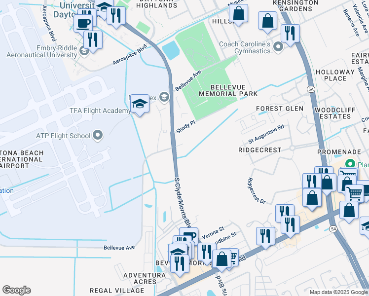 map of restaurants, bars, coffee shops, grocery stores, and more near 925 South Clyde Morris Boulevard in Daytona Beach