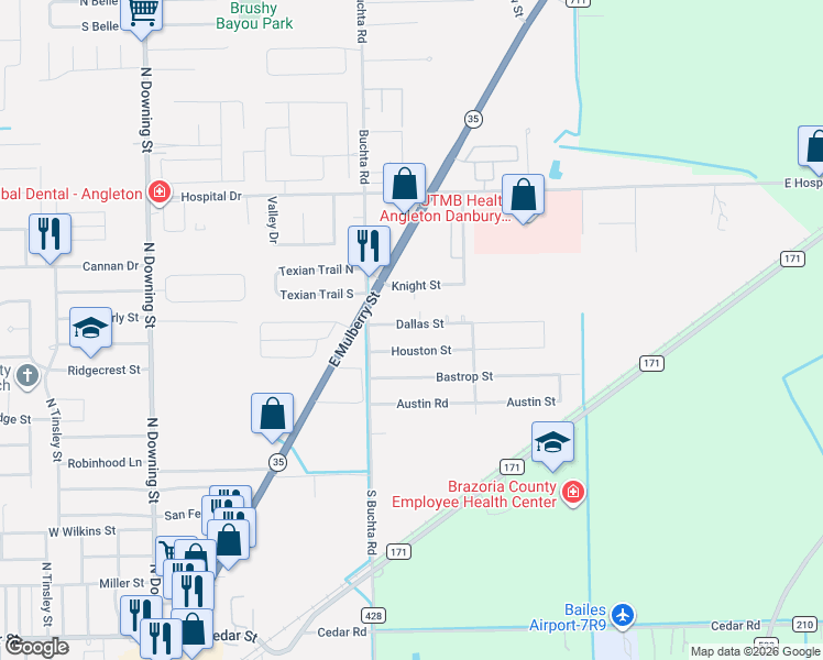 map of restaurants, bars, coffee shops, grocery stores, and more near 128 Dallas Street in Angleton
