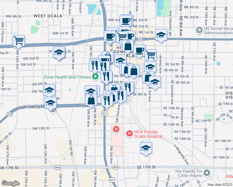 map of restaurants, bars, coffee shops, grocery stores, and more near 121 Southwest 8th Street in Ocala