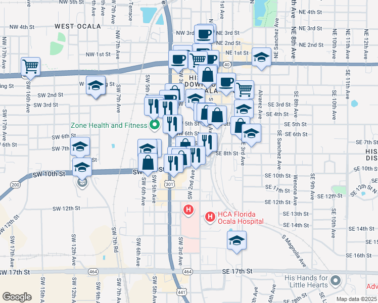 map of restaurants, bars, coffee shops, grocery stores, and more near 121 Southwest 8th Street in Ocala