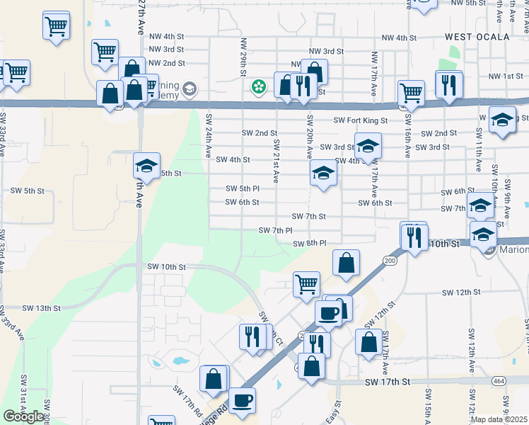 map of restaurants, bars, coffee shops, grocery stores, and more near 2108 Southwest 6th Street in Ocala