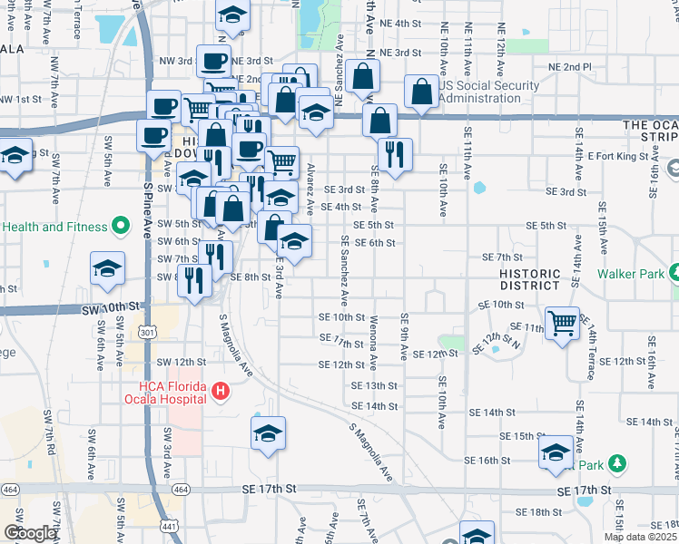 map of restaurants, bars, coffee shops, grocery stores, and more near 701 Southeast Sanchez Avenue in Ocala