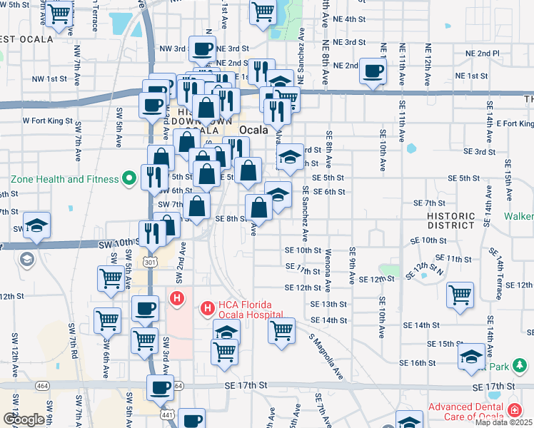 map of restaurants, bars, coffee shops, grocery stores, and more near 513 Southeast 8th Street in Ocala