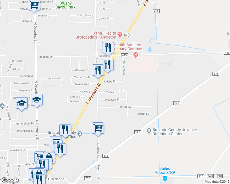 map of restaurants, bars, coffee shops, grocery stores, and more near 1 Dallas 3 Court in Angleton