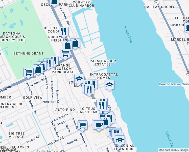 map of restaurants, bars, coffee shops, grocery stores, and more near 146 Bellewood Avenue in South Daytona