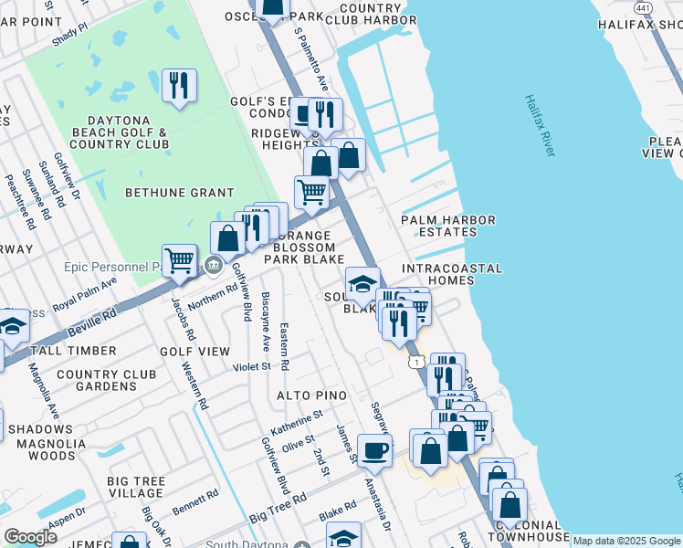 map of restaurants, bars, coffee shops, grocery stores, and more near 1672 Jones Street in South Daytona