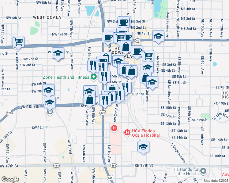 map of restaurants, bars, coffee shops, grocery stores, and more near 121 Southwest 8th Street in Ocala