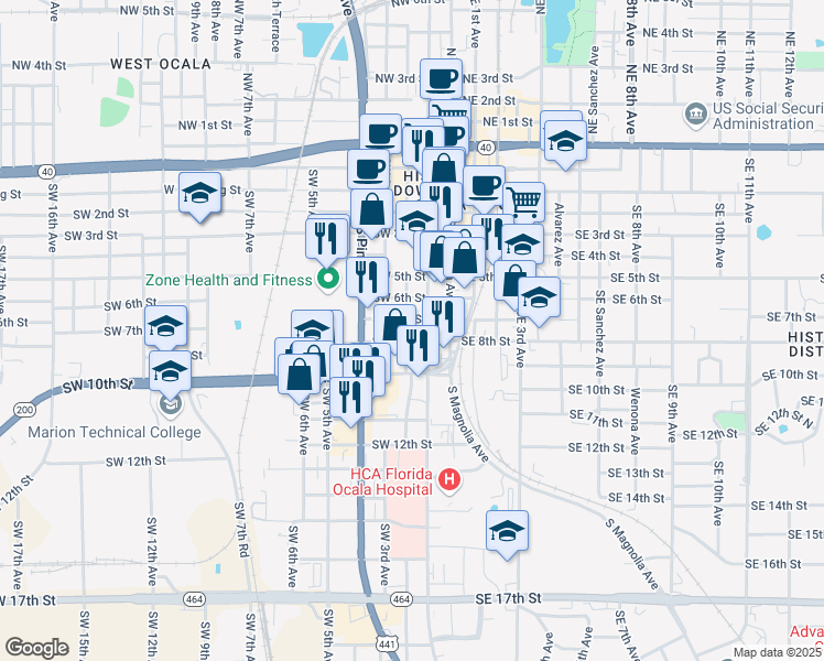 map of restaurants, bars, coffee shops, grocery stores, and more near 121 Southwest 8th Street in Ocala