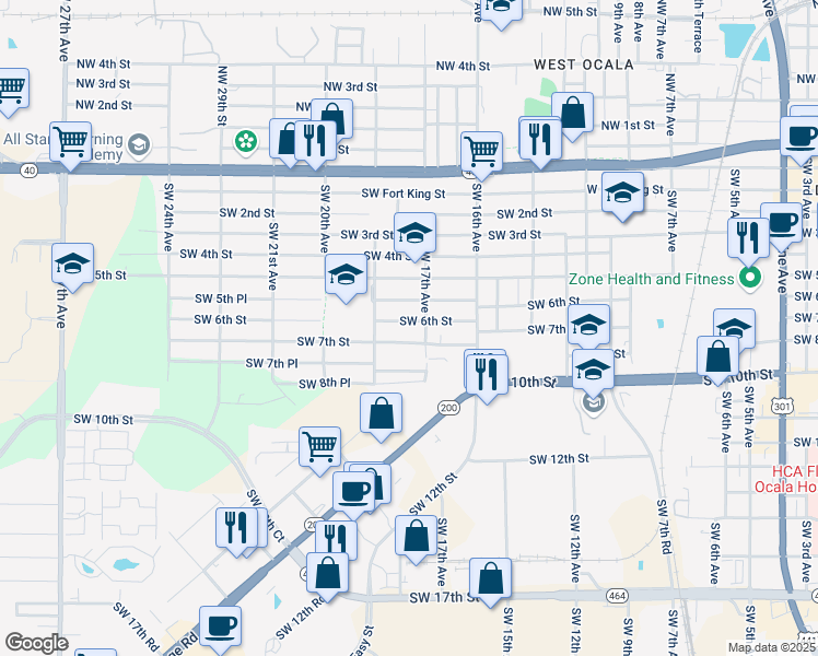 map of restaurants, bars, coffee shops, grocery stores, and more near 1716 Southwest 6th Street in Ocala