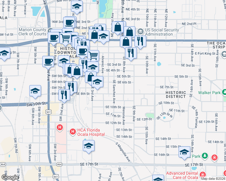map of restaurants, bars, coffee shops, grocery stores, and more near 701 Southeast Sanchez Avenue in Ocala