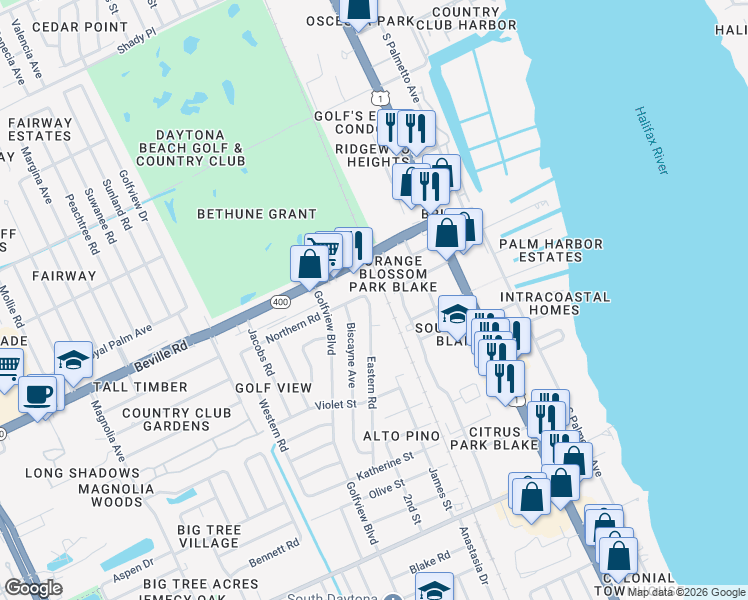 map of restaurants, bars, coffee shops, grocery stores, and more near 1630 Segrave Street in South Daytona