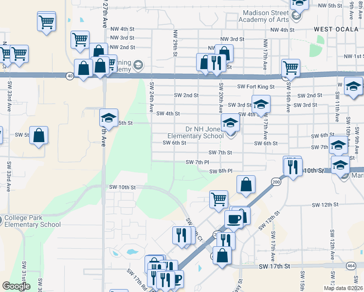 map of restaurants, bars, coffee shops, grocery stores, and more near 2212 Southwest 6th Street in Ocala