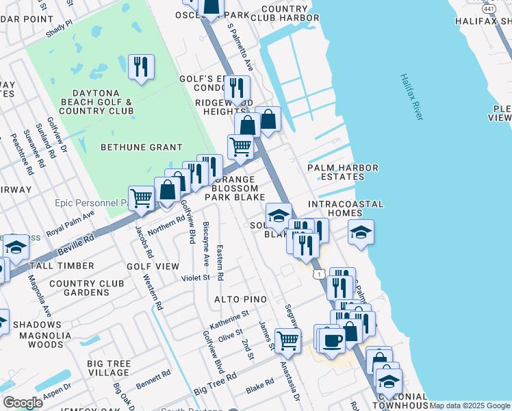 map of restaurants, bars, coffee shops, grocery stores, and more near 1672 Jones Street in South Daytona