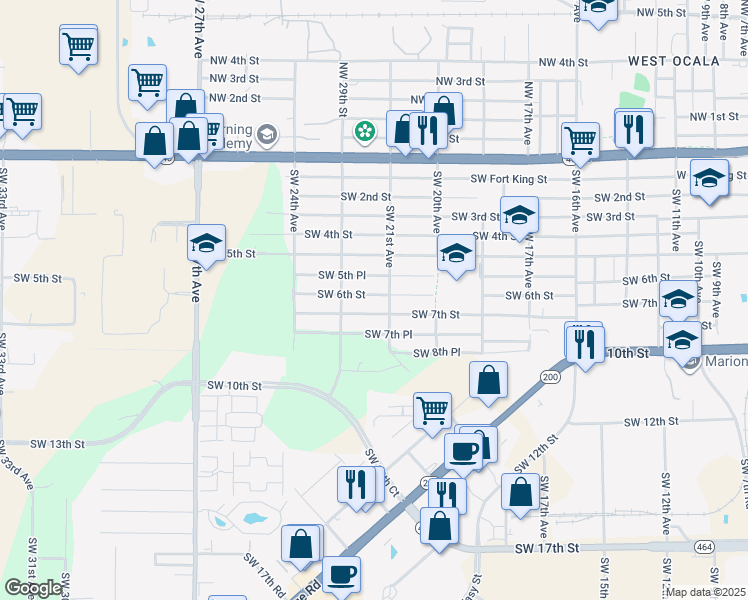 map of restaurants, bars, coffee shops, grocery stores, and more near 2108 Southwest 6th Street in Ocala