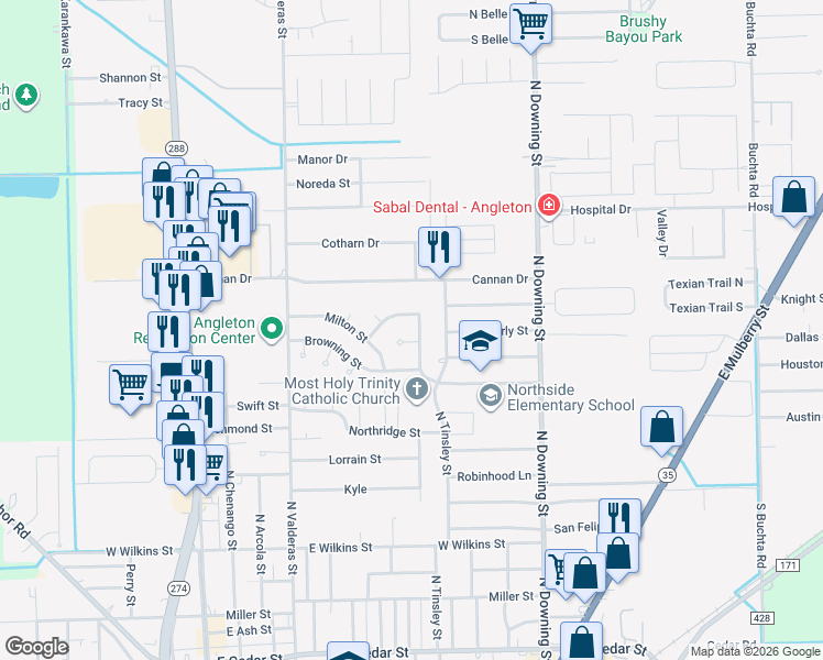 map of restaurants, bars, coffee shops, grocery stores, and more near 2005 North Rockisland Street in Angleton