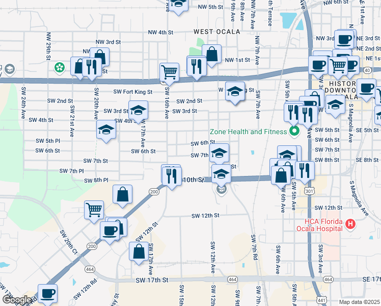 map of restaurants, bars, coffee shops, grocery stores, and more near 1305 Southwest 7th Street in Ocala
