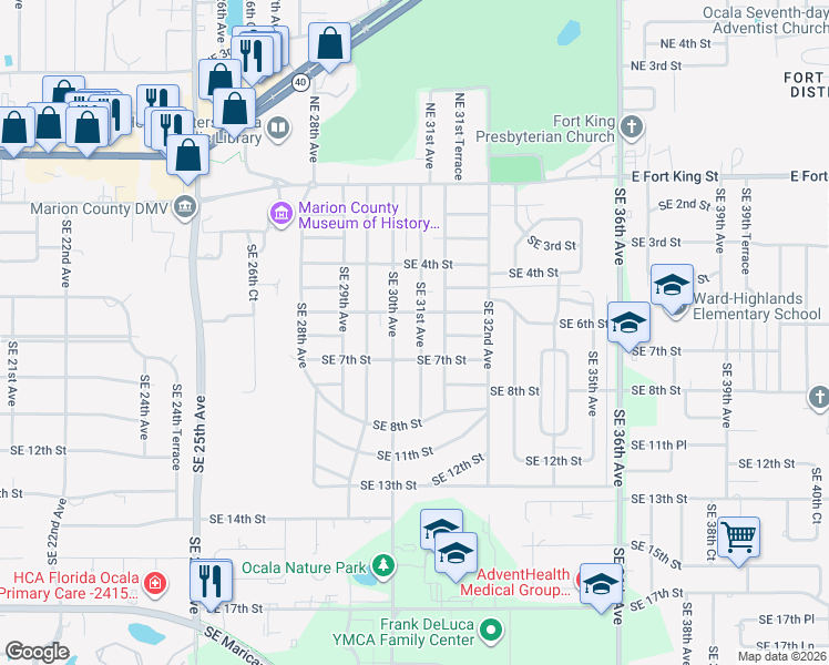 map of restaurants, bars, coffee shops, grocery stores, and more near 626 Southeast 31st Avenue in Ocala