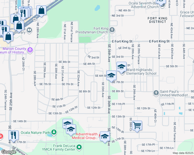map of restaurants, bars, coffee shops, grocery stores, and more near 3416 Southeast 6th Street in Ocala