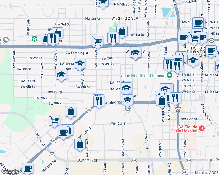 map of restaurants, bars, coffee shops, grocery stores, and more near 1305 Southwest 7th Street in Ocala