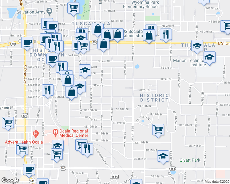 map of restaurants, bars, coffee shops, grocery stores, and more near 611 Southeast 9th Avenue in Ocala