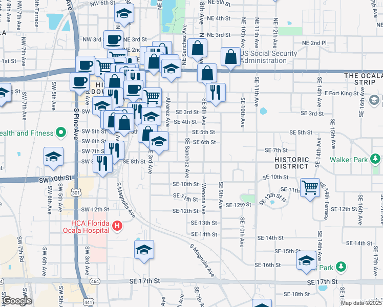 map of restaurants, bars, coffee shops, grocery stores, and more near 701 Southeast Sanchez Avenue in Ocala