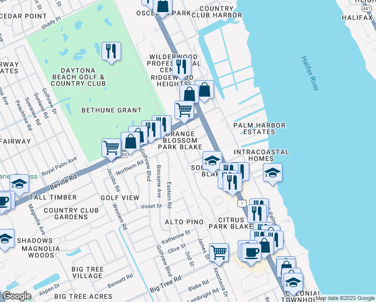 map of restaurants, bars, coffee shops, grocery stores, and more near 1672 Jones Street in South Daytona