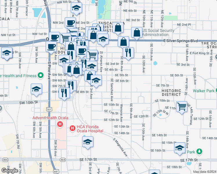 map of restaurants, bars, coffee shops, grocery stores, and more near 701 Southeast Sanchez Avenue in Ocala