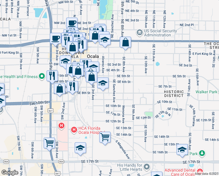 map of restaurants, bars, coffee shops, grocery stores, and more near 601-799 Alvarez Avenue in Ocala