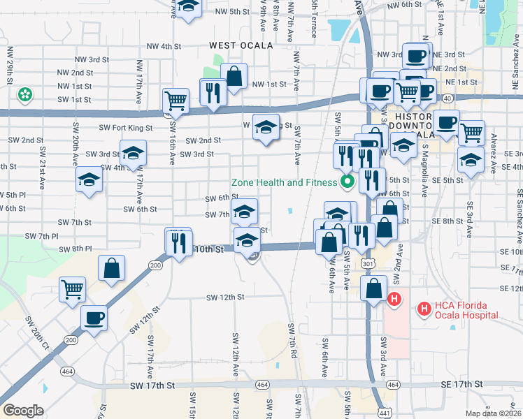 map of restaurants, bars, coffee shops, grocery stores, and more near 1009 Southwest 7th Street in Ocala