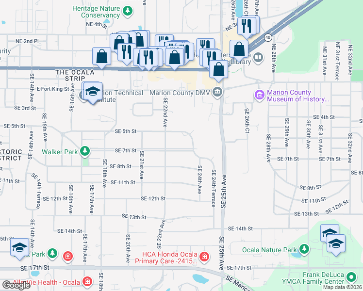 map of restaurants, bars, coffee shops, grocery stores, and more near 2245 Southeast 7th Street in Ocala