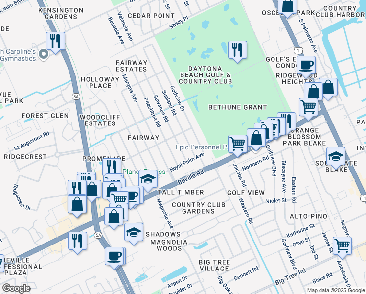 map of restaurants, bars, coffee shops, grocery stores, and more near 1417 Suwanee Road in Daytona Beach