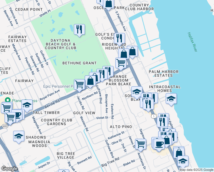 map of restaurants, bars, coffee shops, grocery stores, and more near 534 Northern Road in South Daytona