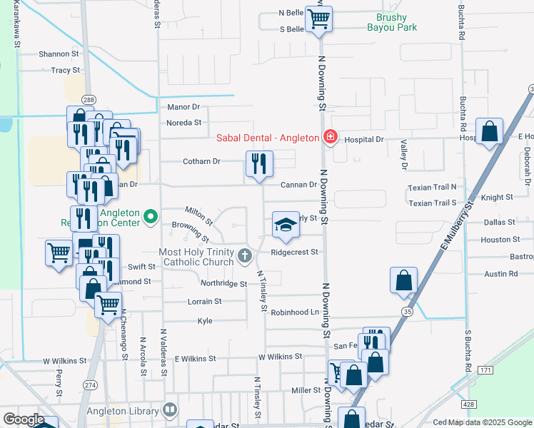 map of restaurants, bars, coffee shops, grocery stores, and more near 901 Wimberly St in Angleton