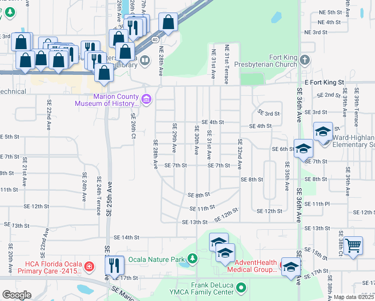 map of restaurants, bars, coffee shops, grocery stores, and more near 615 Southeast 29th Terrace in Ocala