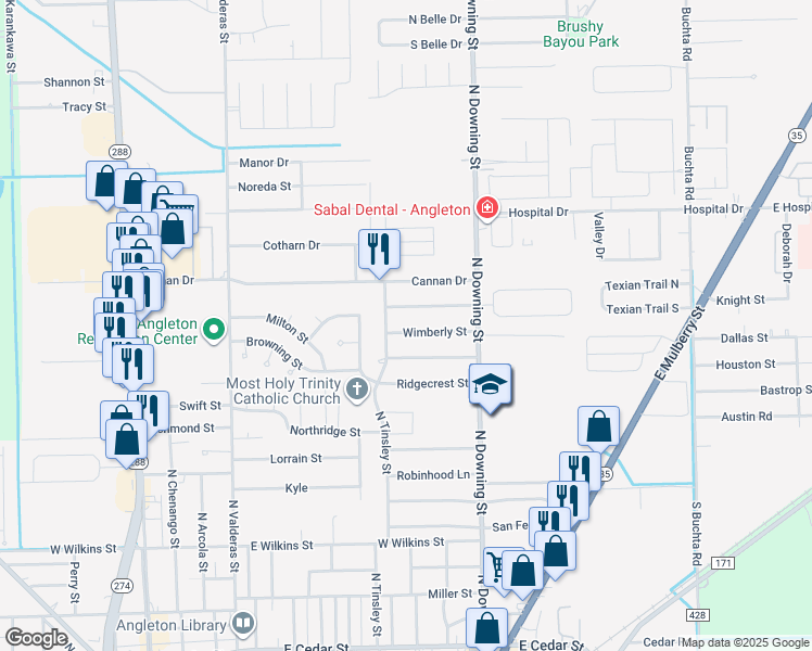 map of restaurants, bars, coffee shops, grocery stores, and more near 901 Wimberly Street in Angleton