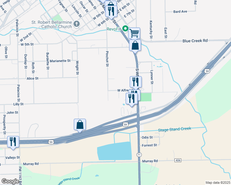 map of restaurants, bars, coffee shops, grocery stores, and more near 303 West Alfred Street in El Campo