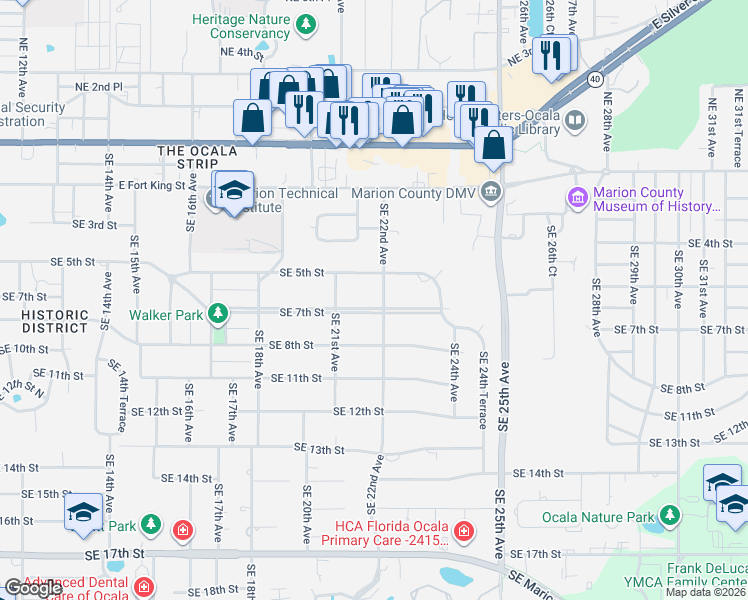 map of restaurants, bars, coffee shops, grocery stores, and more near 536 Southeast 22nd Avenue in Ocala