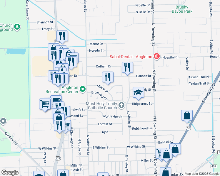 map of restaurants, bars, coffee shops, grocery stores, and more near 1 Hemlock Place in Angleton