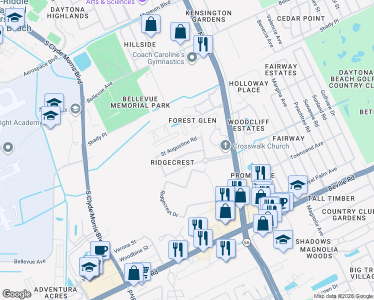 map of restaurants, bars, coffee shops, grocery stores, and more near 1115 Bradenton Road in Daytona Beach