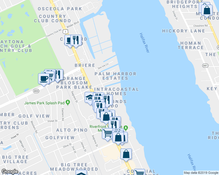 map of restaurants, bars, coffee shops, grocery stores, and more near 146 Bellewood Avenue in South Daytona