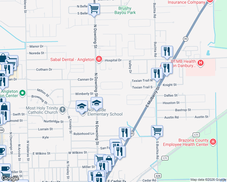 map of restaurants, bars, coffee shops, grocery stores, and more near 66 Alexander Court in Angleton