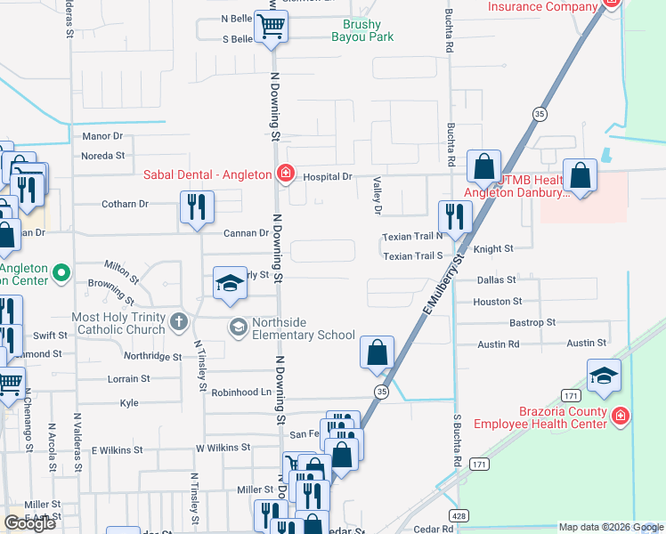 map of restaurants, bars, coffee shops, grocery stores, and more near 66 Alexander Court in Angleton