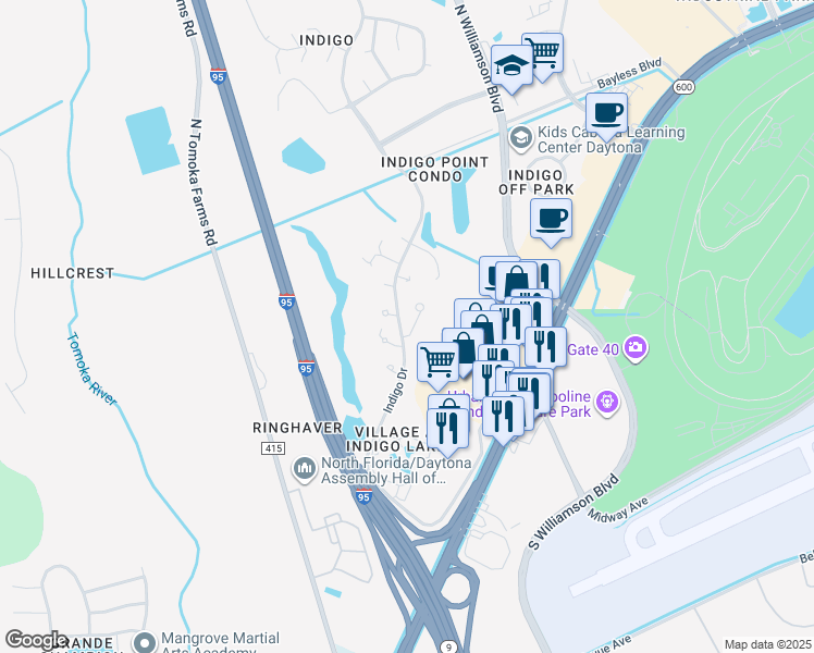 map of restaurants, bars, coffee shops, grocery stores, and more near 100 Fox Fire Circle in Daytona Beach