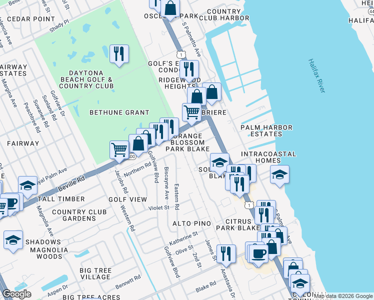 map of restaurants, bars, coffee shops, grocery stores, and more near 1630 South Segrave Street in Daytona Beach