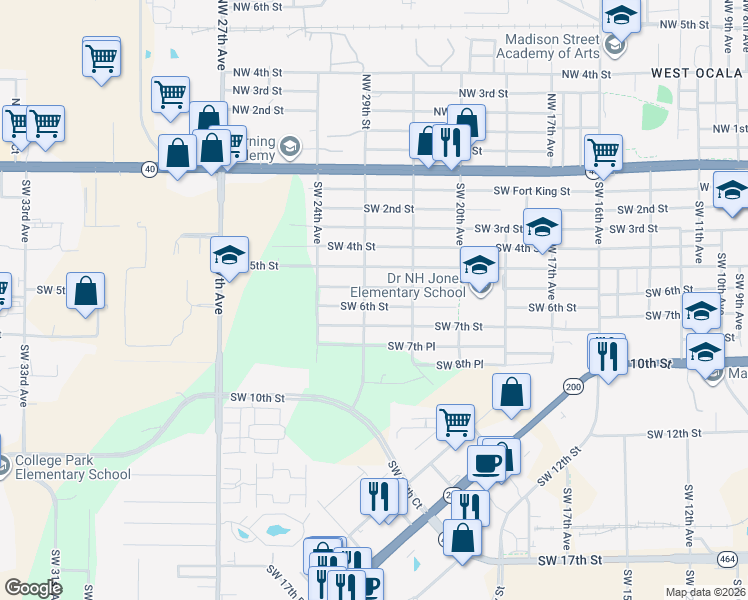 map of restaurants, bars, coffee shops, grocery stores, and more near 2212 Southwest 6th Street in Ocala