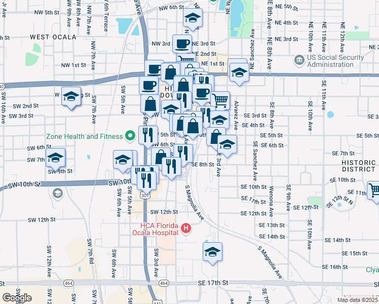 map of restaurants, bars, coffee shops, grocery stores, and more near 623 South Magnolia Avenue in Ocala