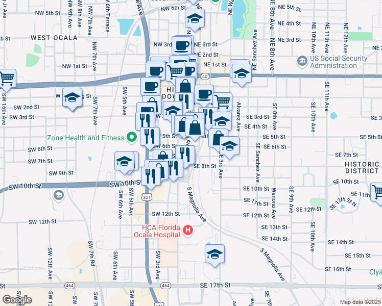 map of restaurants, bars, coffee shops, grocery stores, and more near 623 South Magnolia Avenue in Ocala