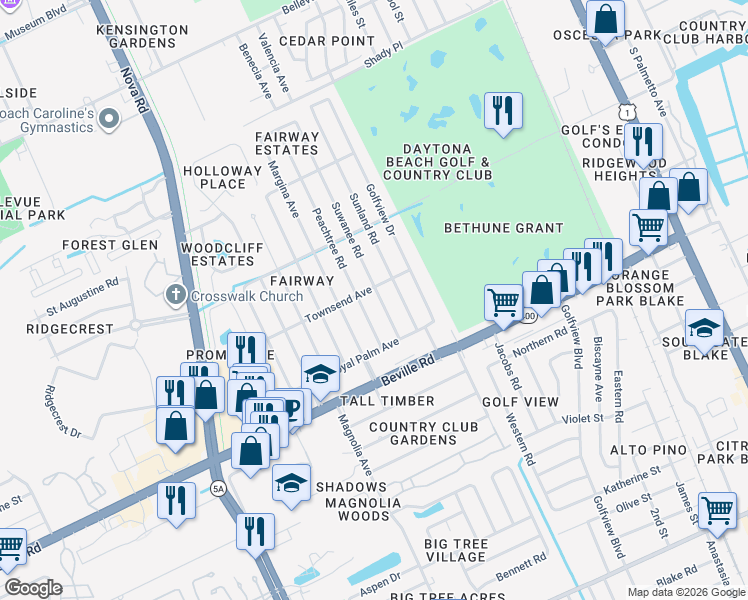 map of restaurants, bars, coffee shops, grocery stores, and more near 1417 Suwanee Road in Daytona Beach