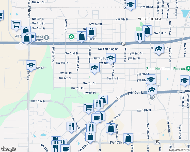 map of restaurants, bars, coffee shops, grocery stores, and more near 1900 Southwest 5th Street in Ocala